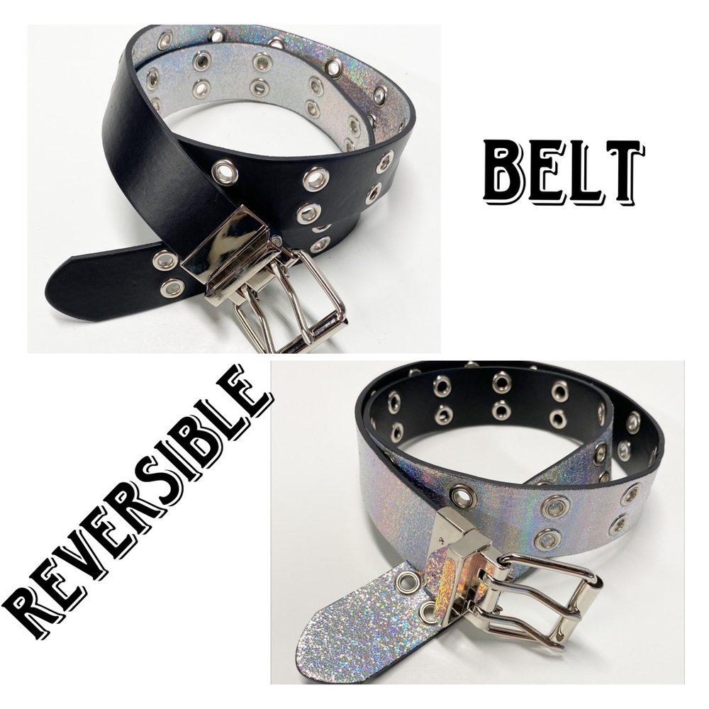 Reversible Belt | Black/Iridescent Silver - Glam Rocker Punk Edgy Chic